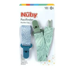Nuby - 2Pk suporte para clipe de chupeta de tecido estampado para meninos com clipe de plástico, pontos azuis/verde Dino Discount