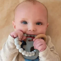 Nuby - Pulseira de Dentição de Silicone e Madeira, Cinza Fashion