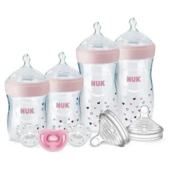 Nuk - Mamadeiras Simply Natural com conjunto de presente SafeTemp, rosa, 4 mamadeiras, 3 chupetas e 2 bicos de mamadeira de reposição Discount