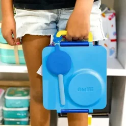 OmieBox - 2 unidades de garfo e colher de plástico reutilizáveis ​​com cápsula para crianças, azul Capri Hot