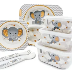 Primo Passi - Super Combo Infantil Fibra de Bambu - Prato Quadrado Dividido, Tigela Quadrada, Garfo e Colher e 3 Recipientes Com Tampas - Pequeno Elefante Sale