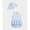 Ralph Lauren Baby - 2Pk Sleeveless Interlock Knit Gingham Ruffle Polo Shortall With Hat Fashion