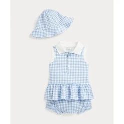 Ralph Lauren Baby - 2Pk Sleeveless Interlock Knit Gingham Ruffle Polo Shortall With Hat Fashion