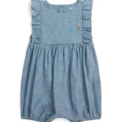 Ralph Lauren Baby - Shortall sem mangas com babados em cambraia, jeans claro New