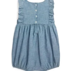 Ralph Lauren Baby - Shortall sem mangas com babados em cambraia, jeans claro New