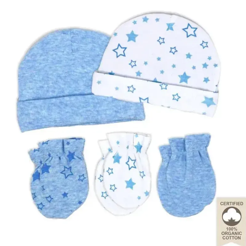 rose_textiles___algodo_or_SKUvbFK0Kn8_0.webp Rose Textiles - 100% Algodão Orgânico Pacote com 5 - Conjunto de Chapéu e Luva, Estrela Azul Discount