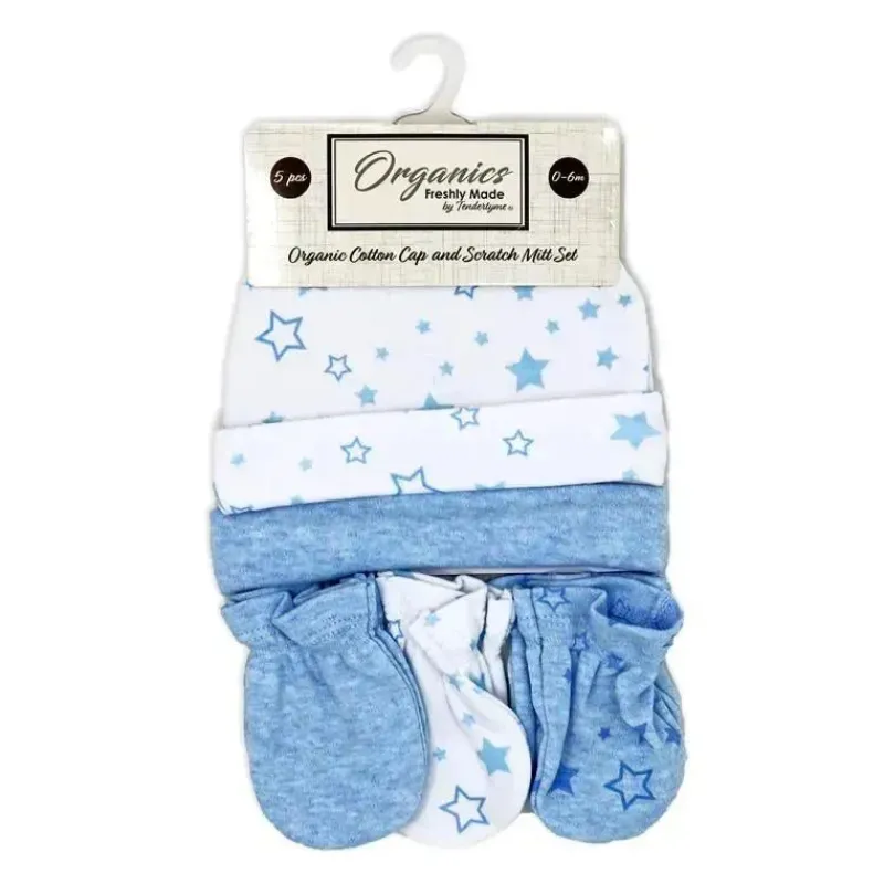 rose_textiles___algodo_or_SKUvbFK0Kn8_1.webp Rose Textiles - 100% Algodão Orgânico Pacote com 5 - Conjunto de Chapéu e Luva, Estrela Azul Discount