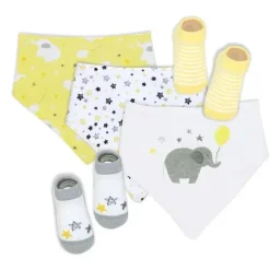 Rose Textiles - Conjunto de 5 babadores e meias, elefante amarelo Best