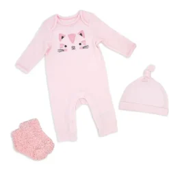 Rose Textiles - 3Pk Girls Waffle Coverall Set, Kitty Pink Fashion