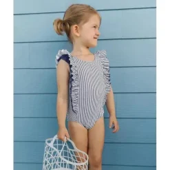 RuffleButts - Baby Girl Stripe Waterfall One Piece, azul marinho Hot
