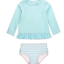 RuffleButts - Biquíni Tropical Breeze Heart Polka Manga Longa Rash Guard, Azul Fashion