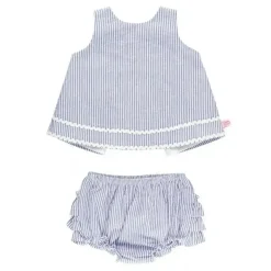RuffleButts - conjunto de top e flor de bebê azul Seersucker Ric Rac Swing New