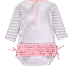 RuffleButts - Rash Guard de manga comprida lavanda Seersucker para meninas, peça única, roxo New