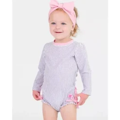 RuffleButts - Rash Guard de manga comprida lavanda Seersucker para meninas, peça única, roxo New