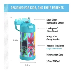 Thermos - Garrafa de palha de aço inoxidável com isolamento a vácuo de 12 onças, Trolls 3 Fashion