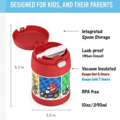 Thermos - Pote de alimentos com isolamento a vácuo de aço inoxidável com colher, 10 oz, Mario Kart Fashion