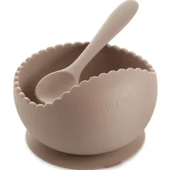 Ali + Oli Tigela de sucção e colher (Taupe) Borda ondulada Hot