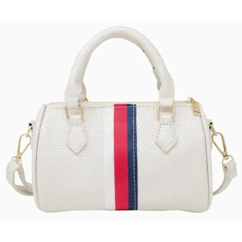 tiny_treats__leather_stri_SKU1mta4djX_0.webp Tiny Treats - Leather Striped Duffle Handbag | White Clearance