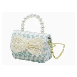 Tiny Treats - Tweed Pearl Handle Bow Purse, Blue New