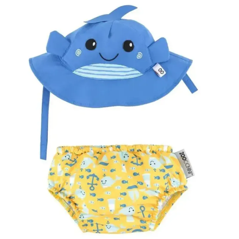 zoochini__conjunto_de_fra_SKUeLPqtlC1_0.webp Zoocchini Zoochini - conjunto de fraldas de banho e chapéu de sol para bebês Willy a baleia New